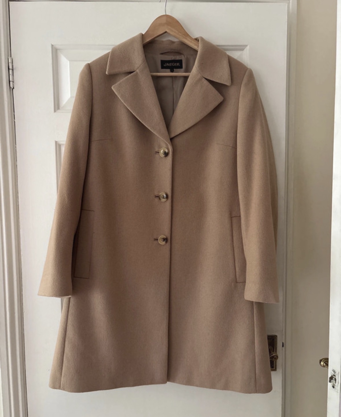 Woman Jaeger 60% wool camel coat size 14