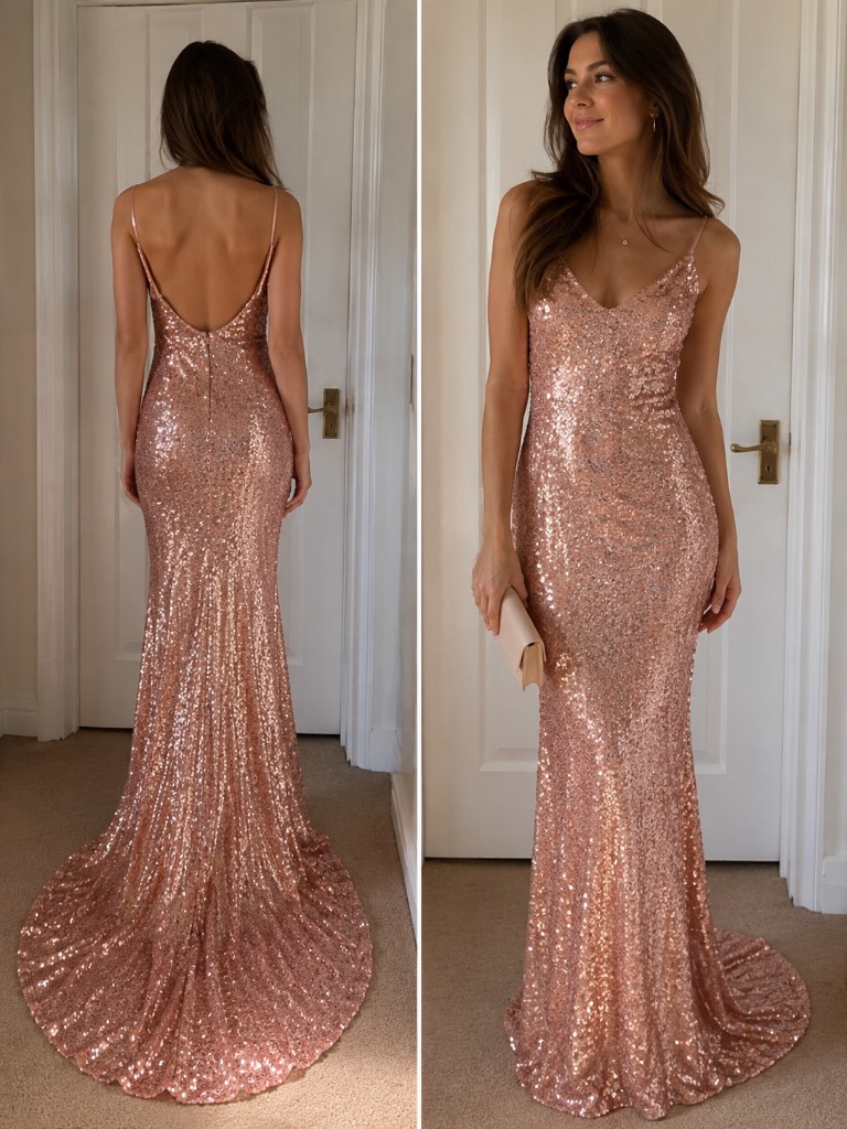 Woman Club l prom party sequin rose gold maxi dress size 8