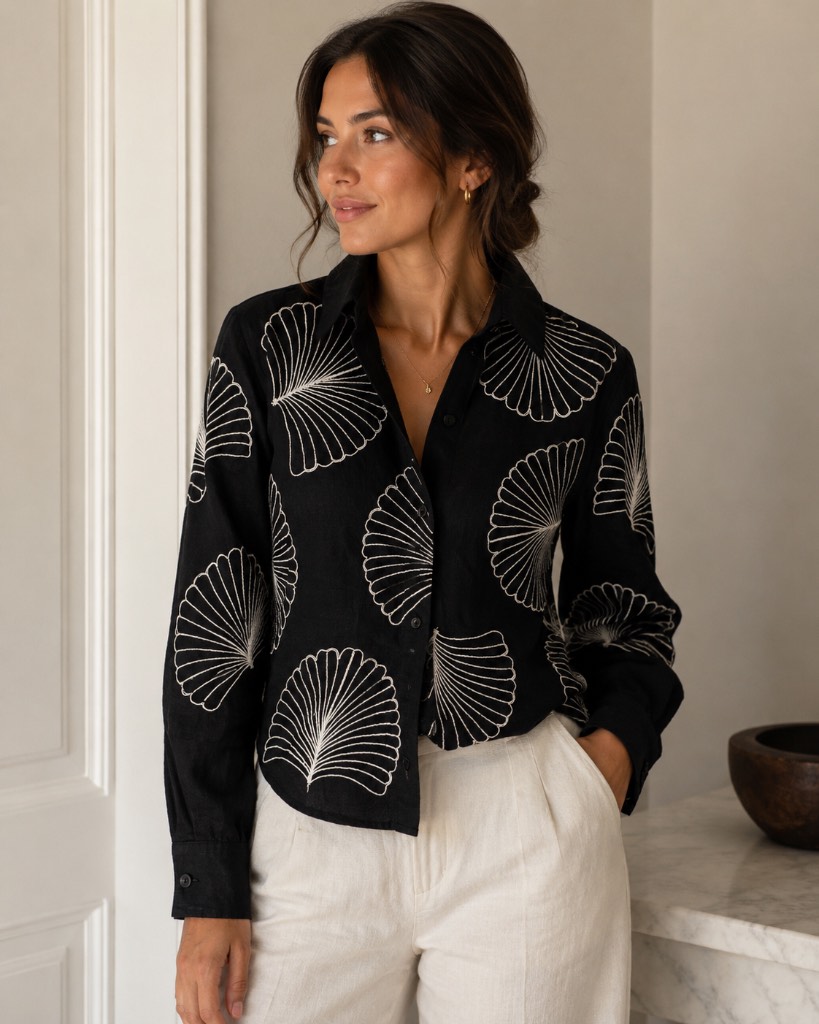 Woman m&s 50% linen and 50% cotton black shell embroidered shirt size 8