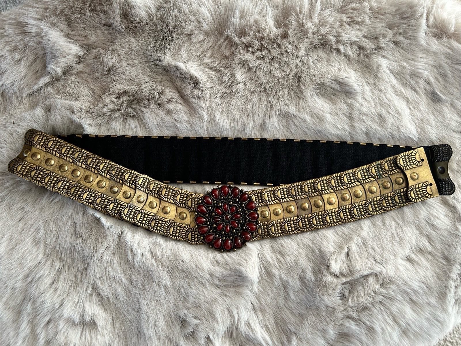 Vintage Kuchi Tribal Statement Belt – Antique Gold Metal & Red Cabochon Boho Festival