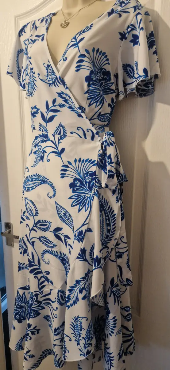 Blue/ white paisley wrap dress.