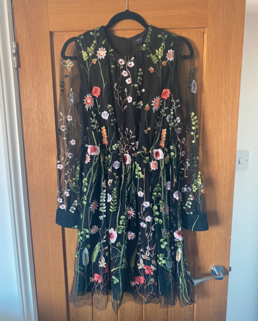 Angeleye London Black Floral Embroidered Mesh Mini Dress Size 12
