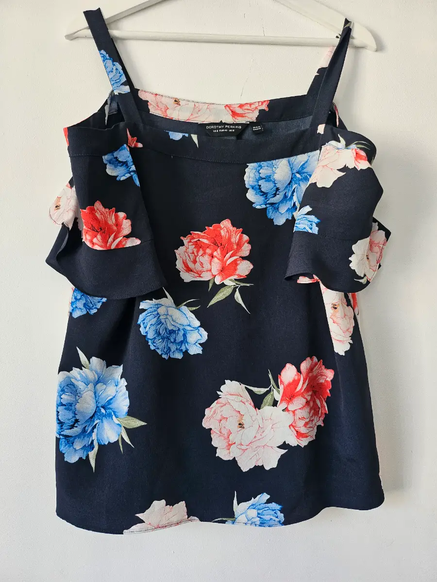 Dorothy Perkins Navy Floral Cold Shoulder Ruffle Top - Size 12