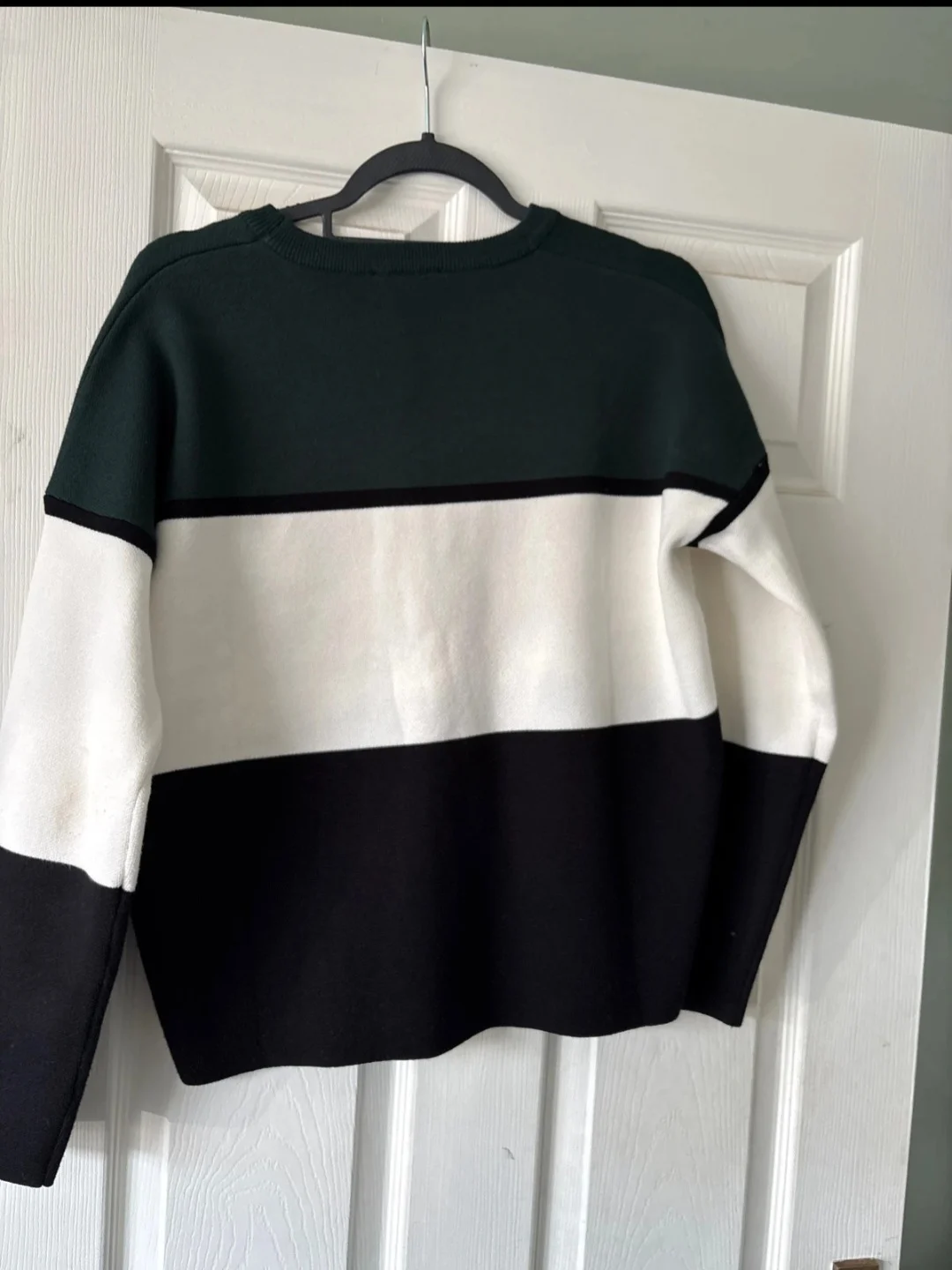 Striped Crew Neck Knit Jumper Long Sleeve Womens S Green/White/Black