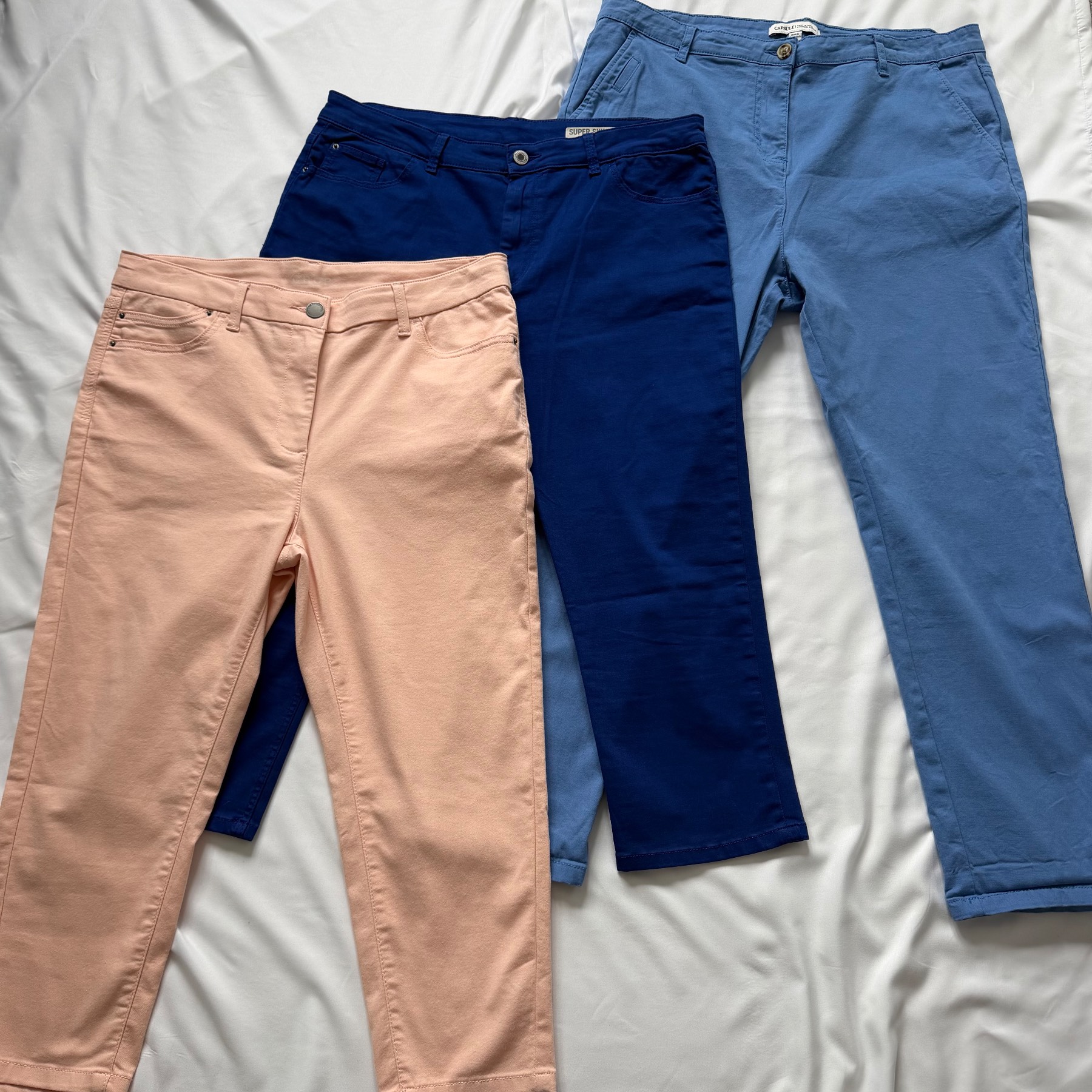 M&S & Capsule Trousers Bundle – Cobalt Skinny, Peach Slim, Blue Straight – Size 16