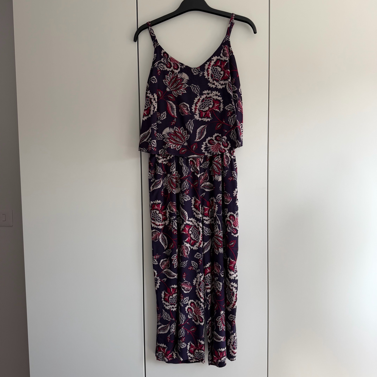 Dark Blue Red Beige Floral Leaf Wide‑Leg Cropped Jumpsuit Size 16 Summer