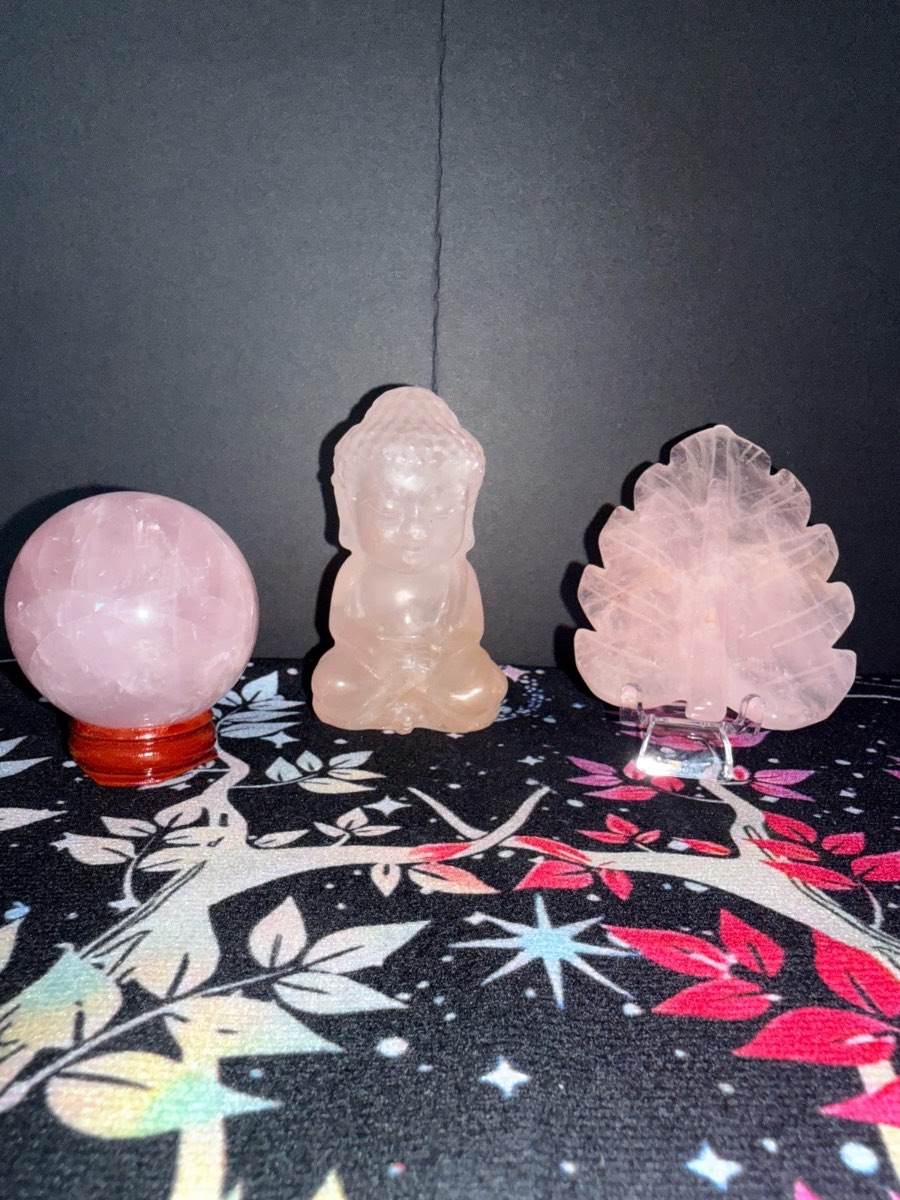 Rose Quartz Bundle ( Buddha, leaf & 6-point star sphere )