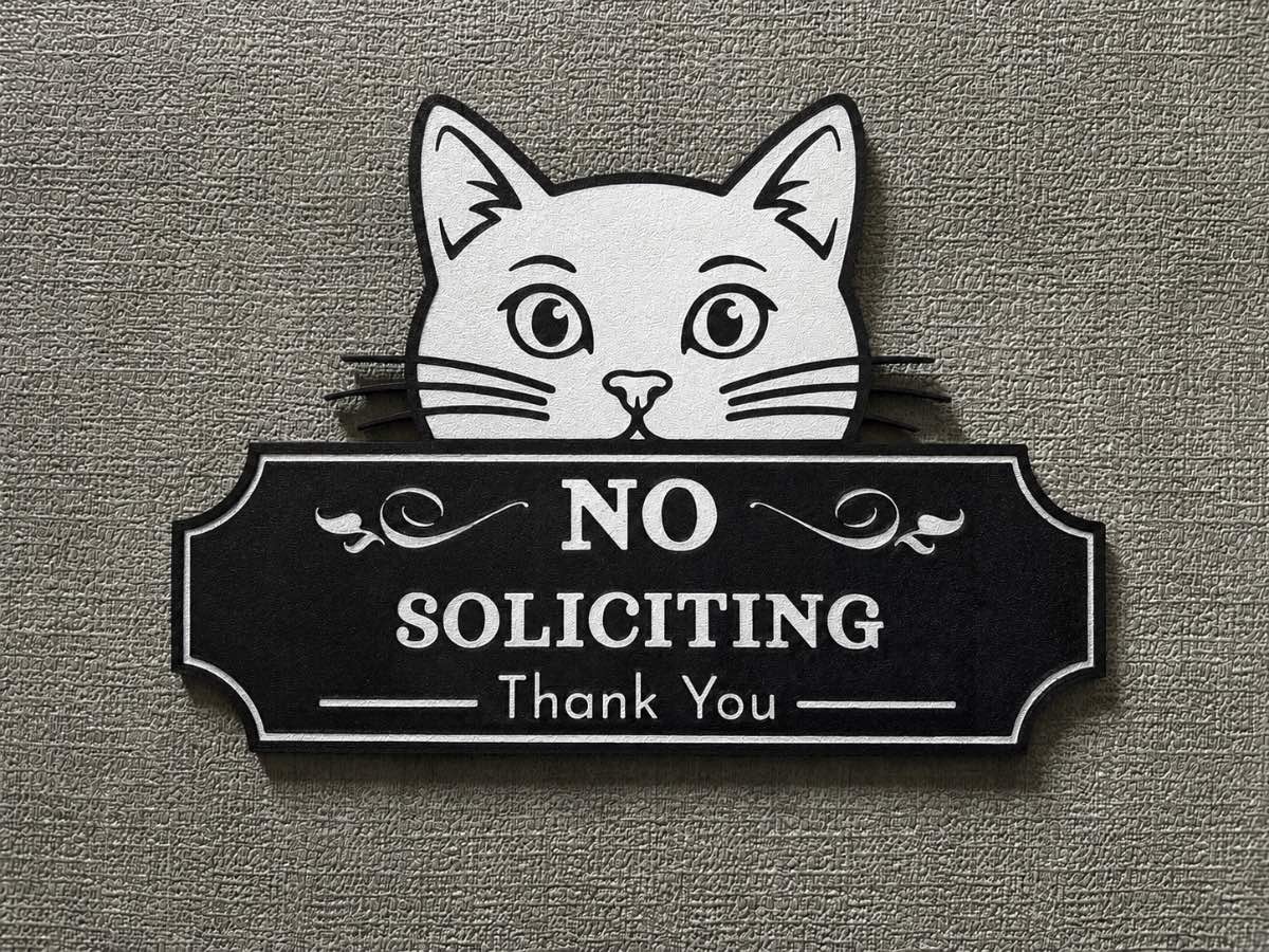 3D Printed Cat Head 'NO SOLICITING' Doorbell Topper - Cute Peeking Kitty Plaque
