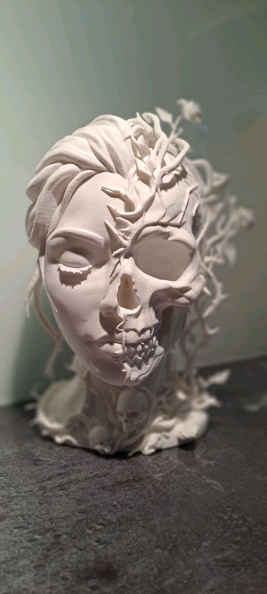 3D Printed Gothic Half Skull Woman Bust Sculpture - White Rose Vine Decor 12cm