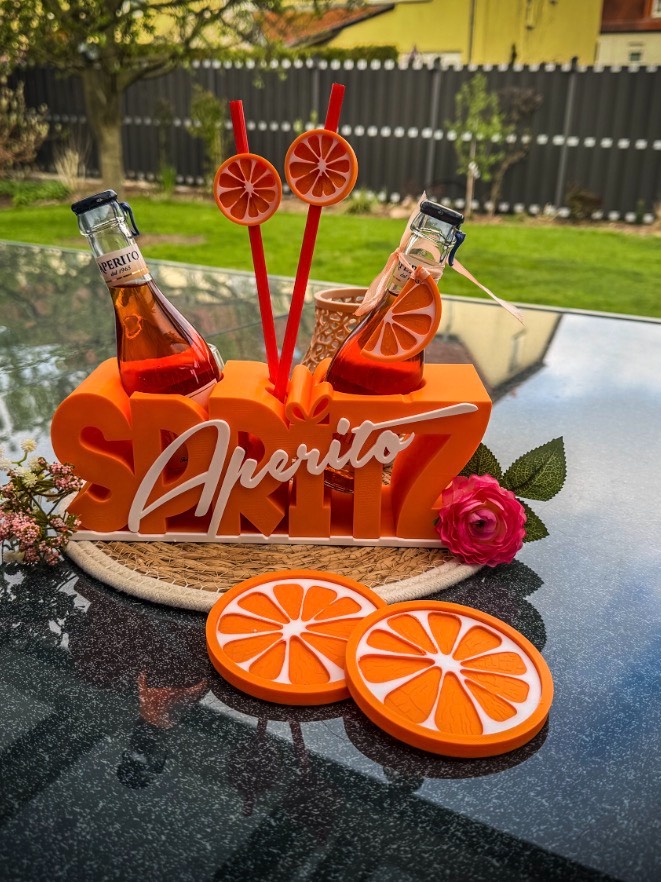 3D Printed Aperito Spritz Holder & Coasters - Orange Plastic