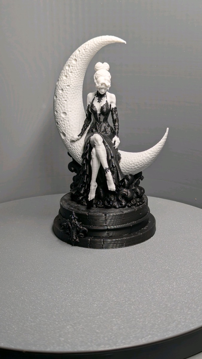 Gothic Moon Woman Sculpture – Fantasy Lady Figurine – 3D Printed Display Art