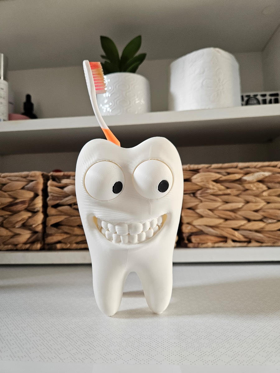 3D Printed Toothbrush Holder Tooth Shape | Funny Bathroom Organizer | Toothpaste & Brush Stand
