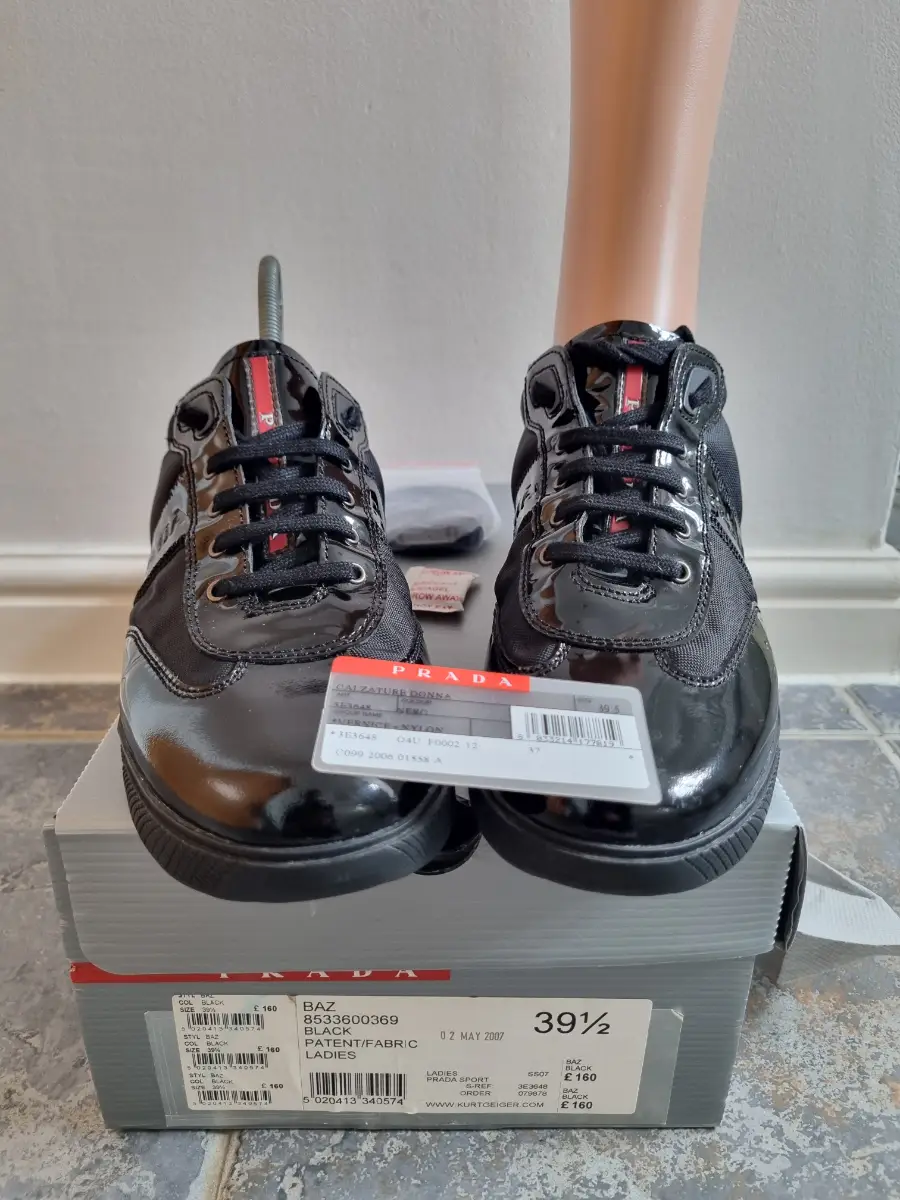 womens prada runners sport baz patent trainers size uk 6.5 / or eu 39.5 black colour