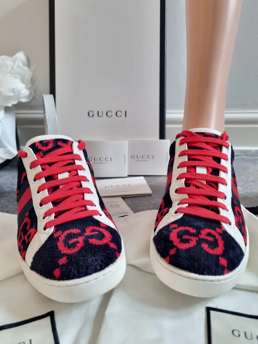 womens gucci ace gg terry cloth trainers size uk 4 / 4.5 / or eu 37 / red and blue colour