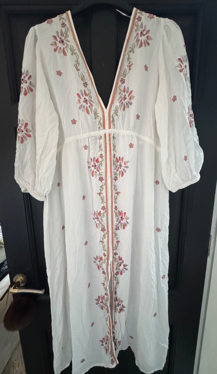 Monsoon Ivory Embroidered Maxi Kaftan Dress Size L Premium Viscose