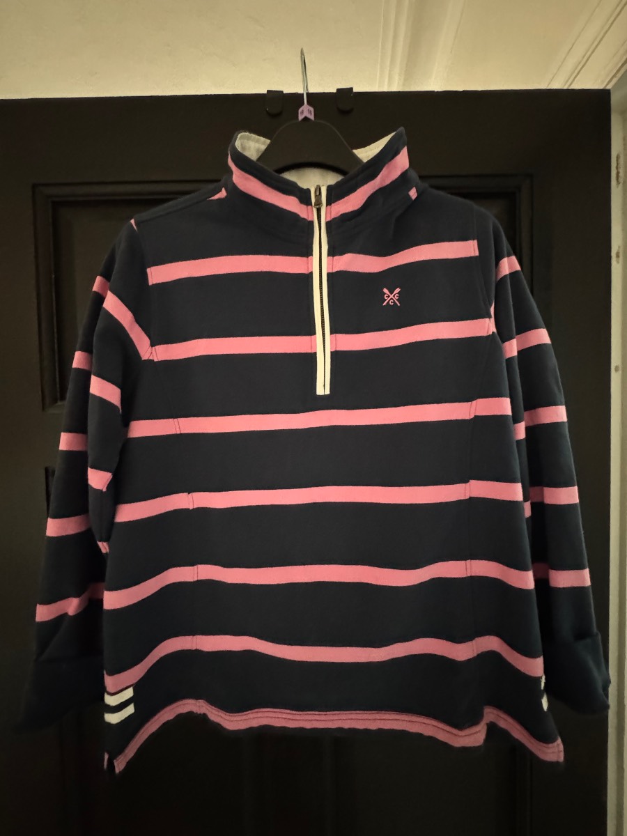 Crew Clothing Co. Navy & Pink Stripe Cotton Half-Zip - Size 14