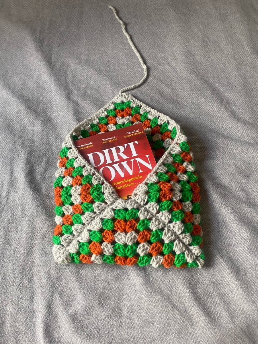 Crochetted Grey, Green And Dark Orange Book Sleeve