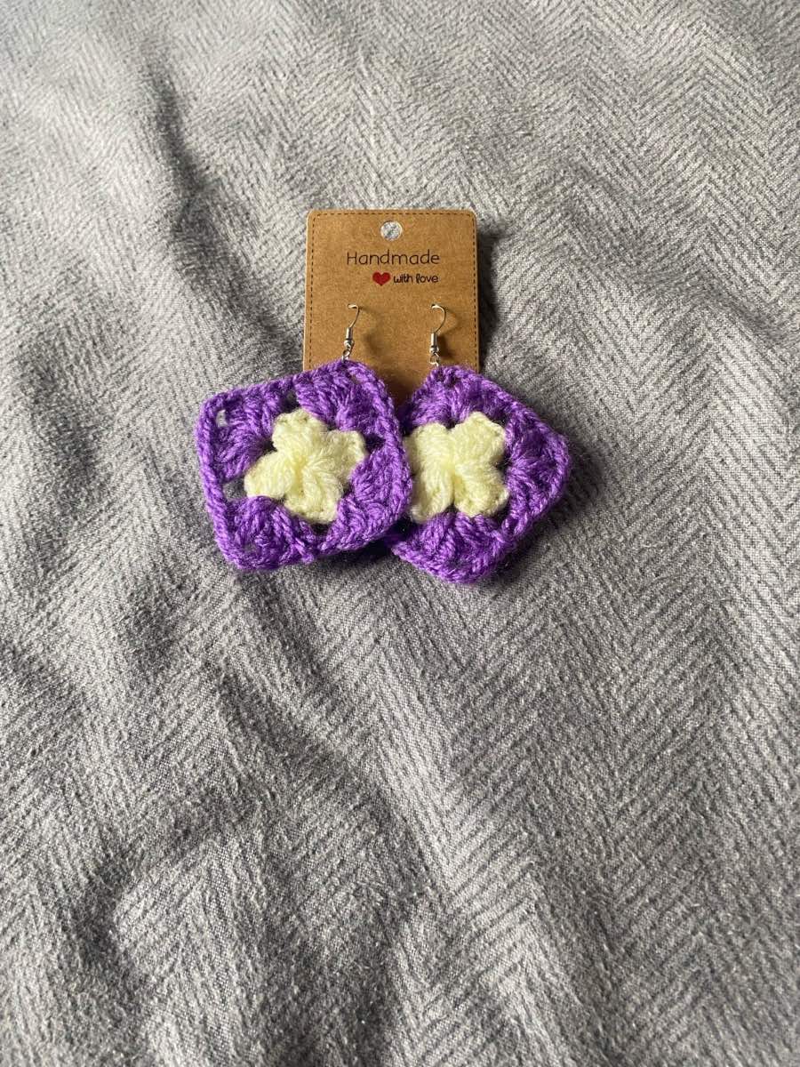 Crocheted Purple And Pastel Yellow Granny Square Earrings🌼