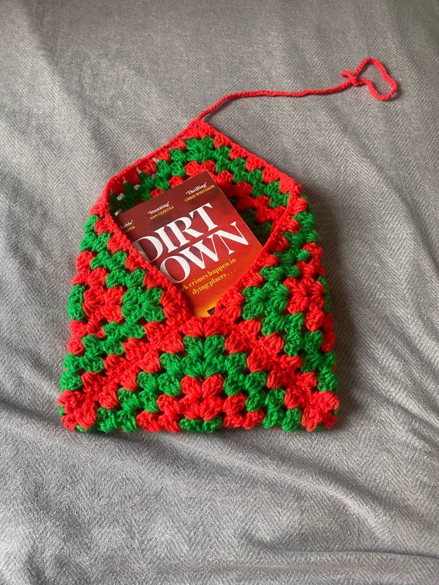 Crocheted Red And Green Book Sleeve