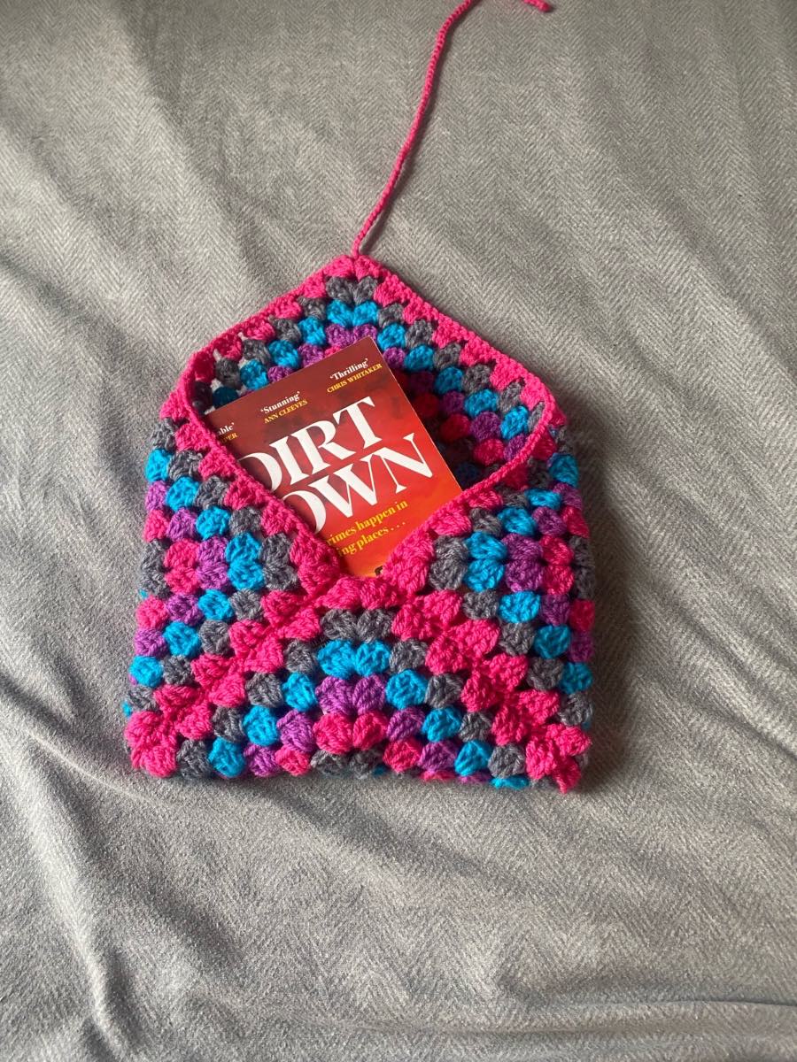 Crocheted Purple, Pink, Blue And Grey Book Sleeve