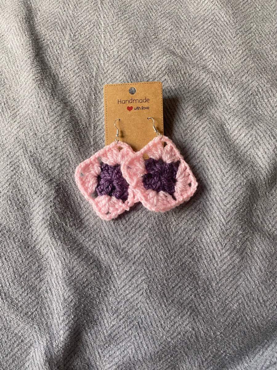 Crocheted Pink And Dark Purple Granny Square Earrings🌼