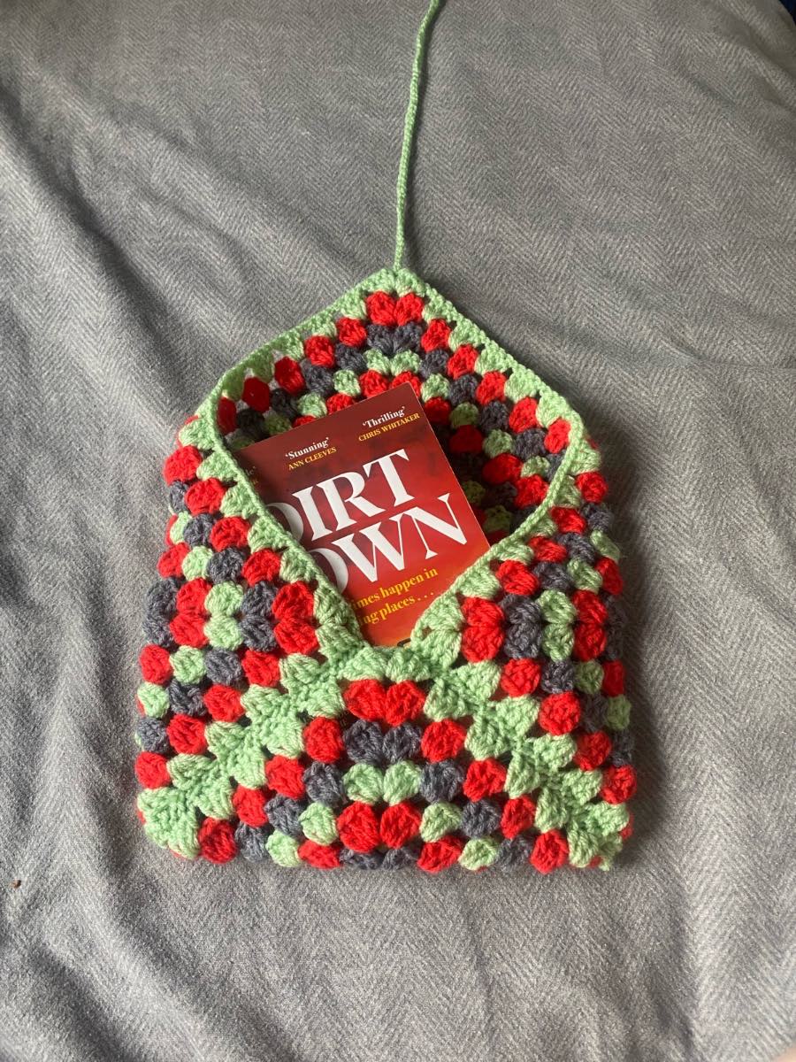 Crocheted Mint, Red And Grey Book Sleeve