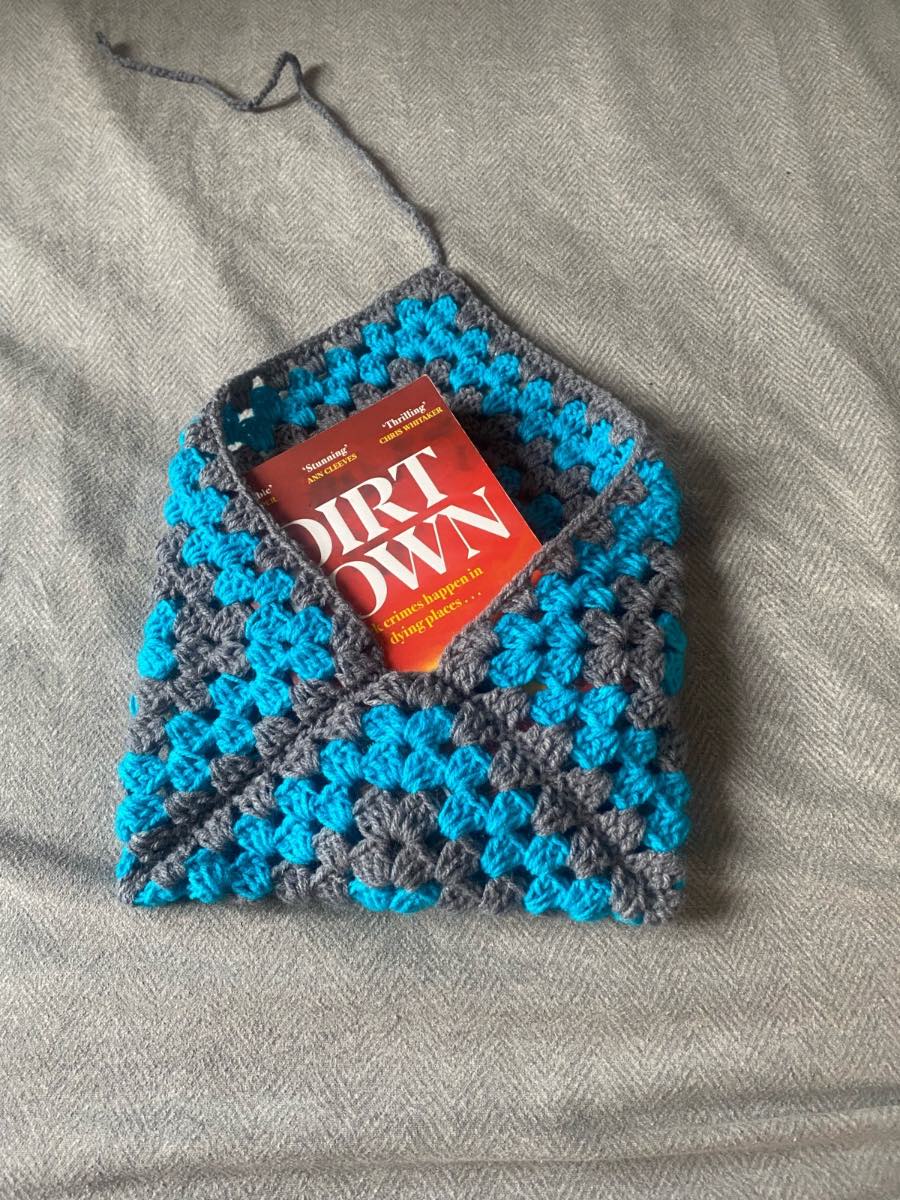 Crochetted Grey And Blue Book Sleeve