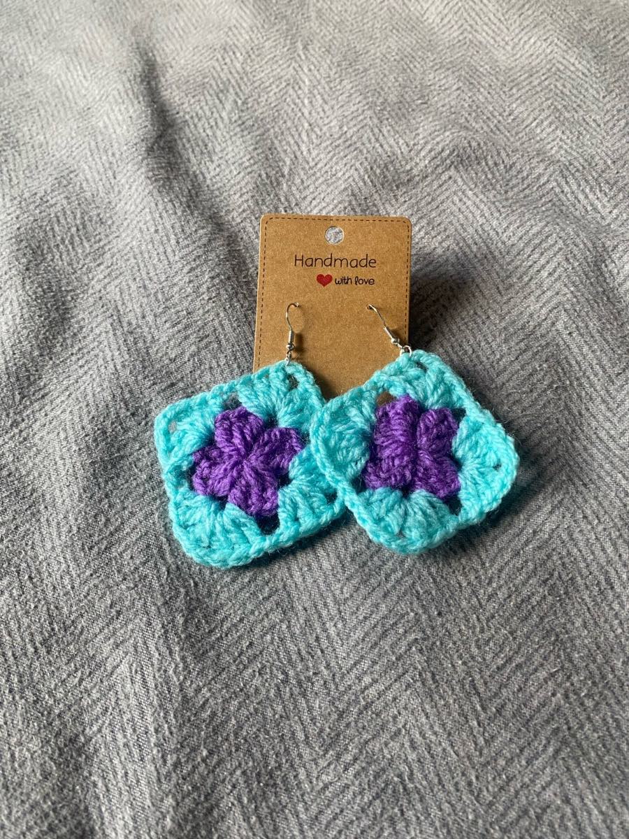 Crocheted Blue And Purple Granny Square Earrings🌼