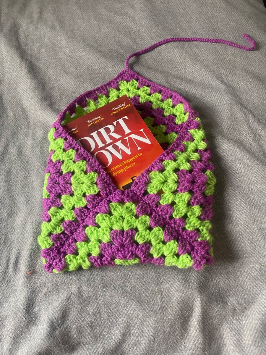Crocheted Green And Purple Book Sleeve