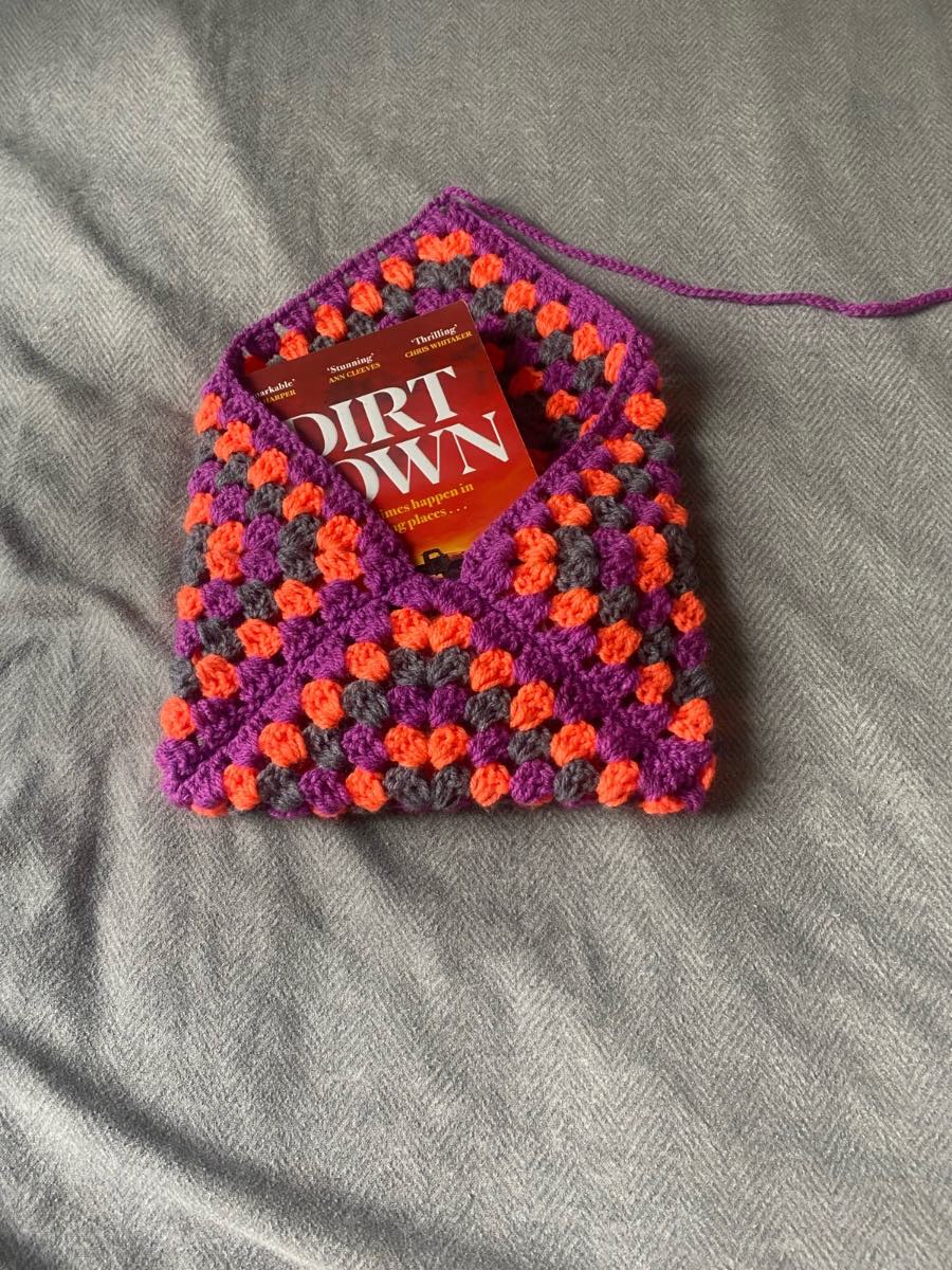 Crocheted Purple, Orange And Grey Book Sleeve