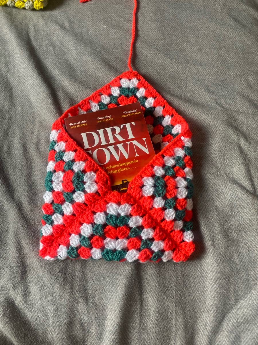 Crocheted Coral, White And Teal Book Sleeve