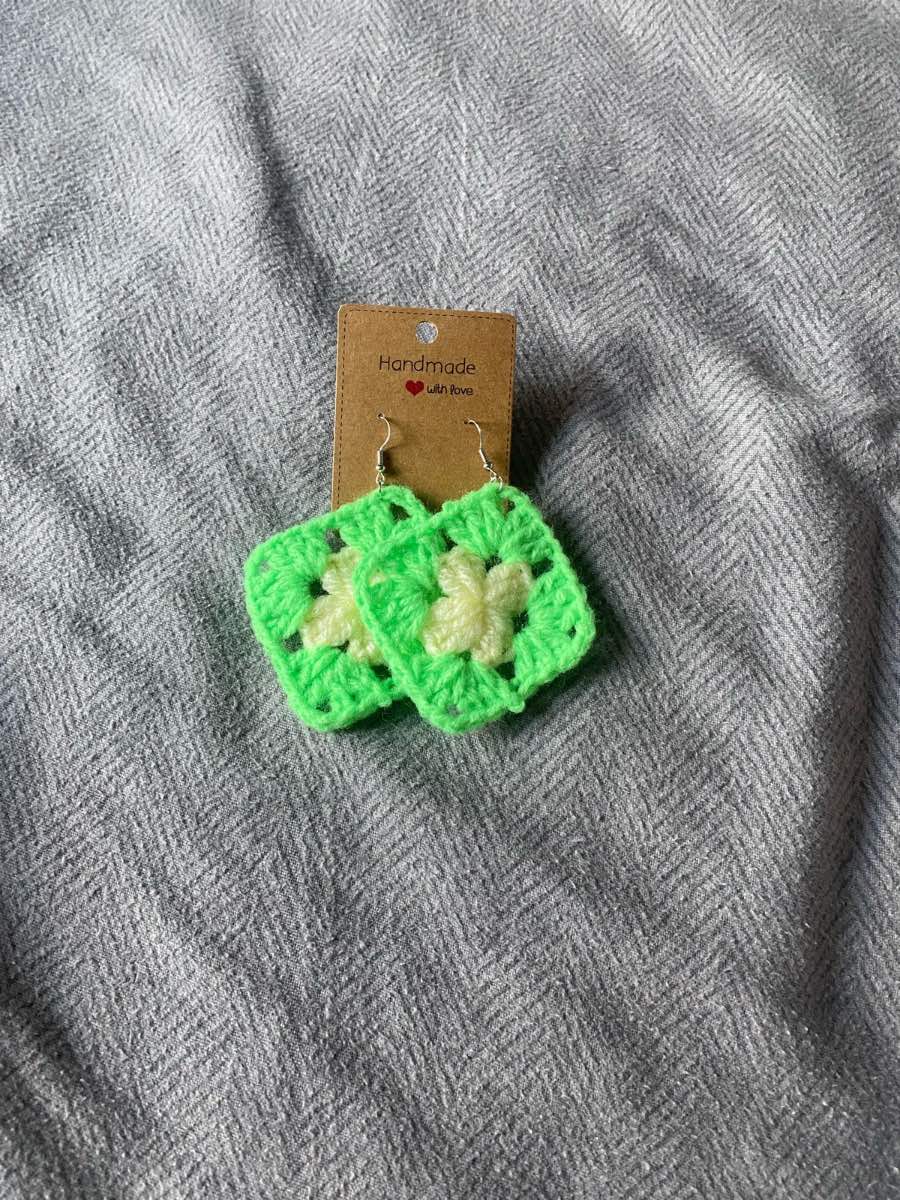 Crocheted Green And Pastel Yellow Granny Square Earrings🌼