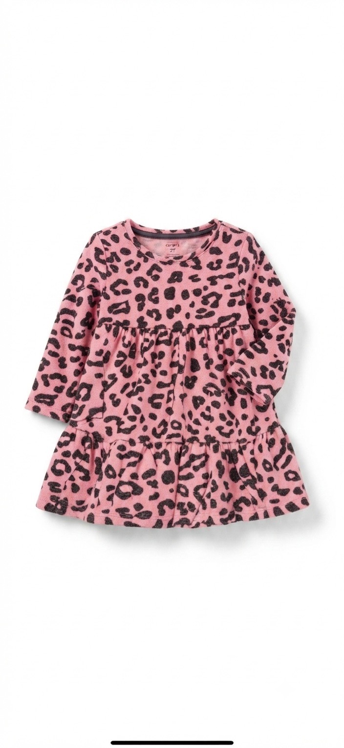 F&F Pink Leopard Print Long Sleeve Tiered Dress - Age 3-4 Years