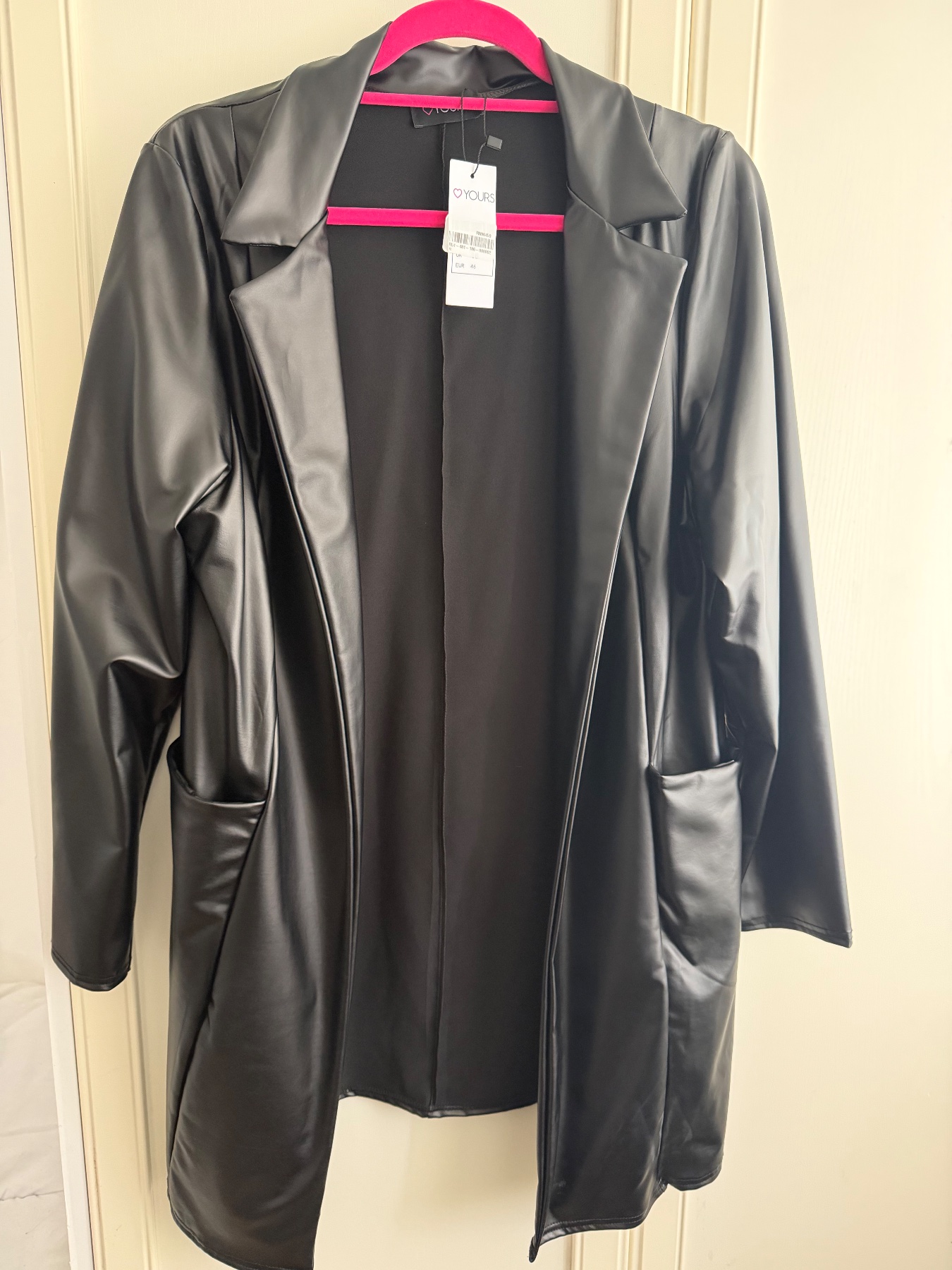 Yours Clothing Black Faux Leather Look Longline Coat Jacket UK 18 New With Tags