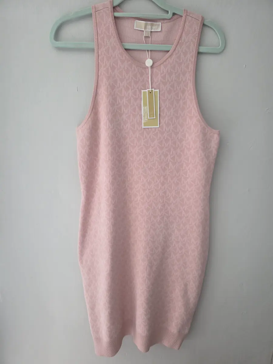 Michael Kors Women's Large ROSE PINK  Allover Jacquered Logo Sleeveless Dress.