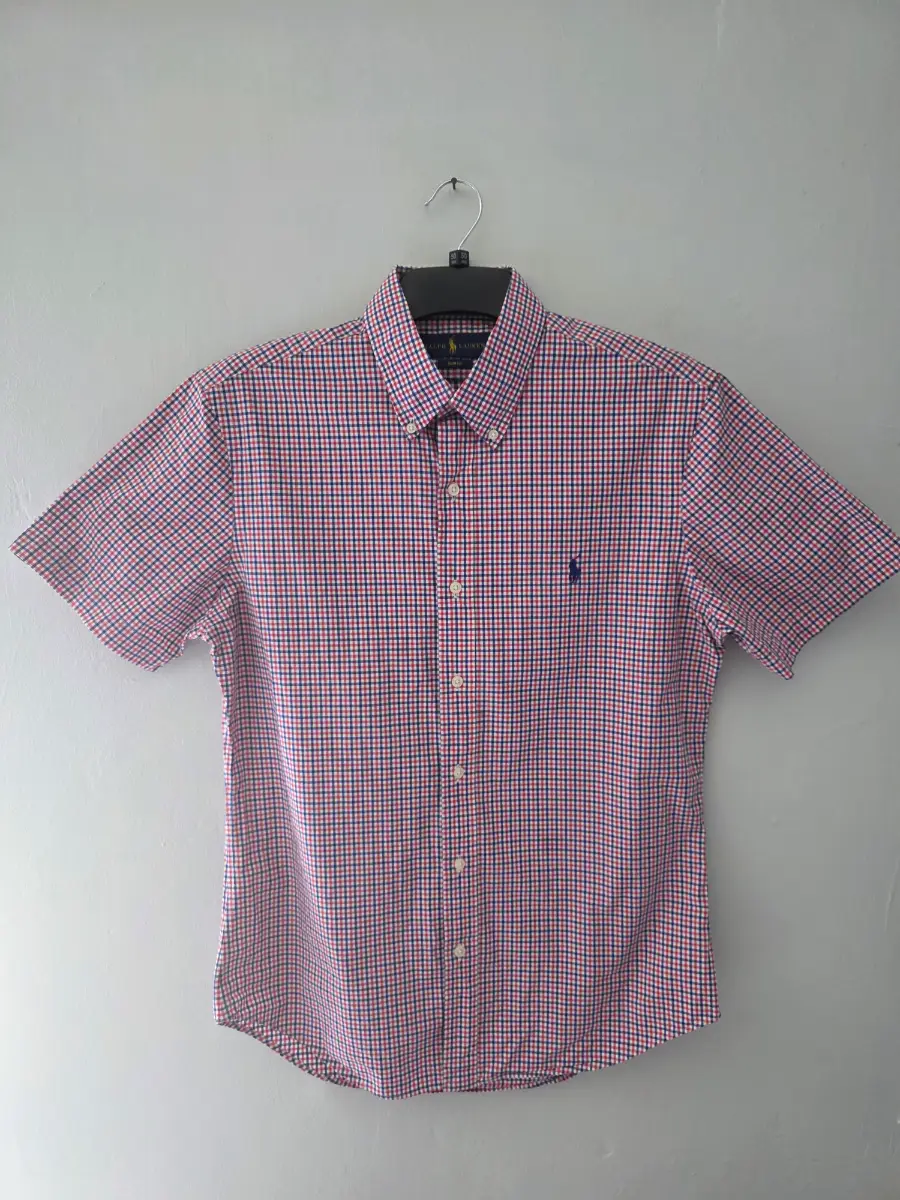Ralph Lauren Men's Medium Slim Fit Red/Blue Gingham Check Short Sleeved Shirt.