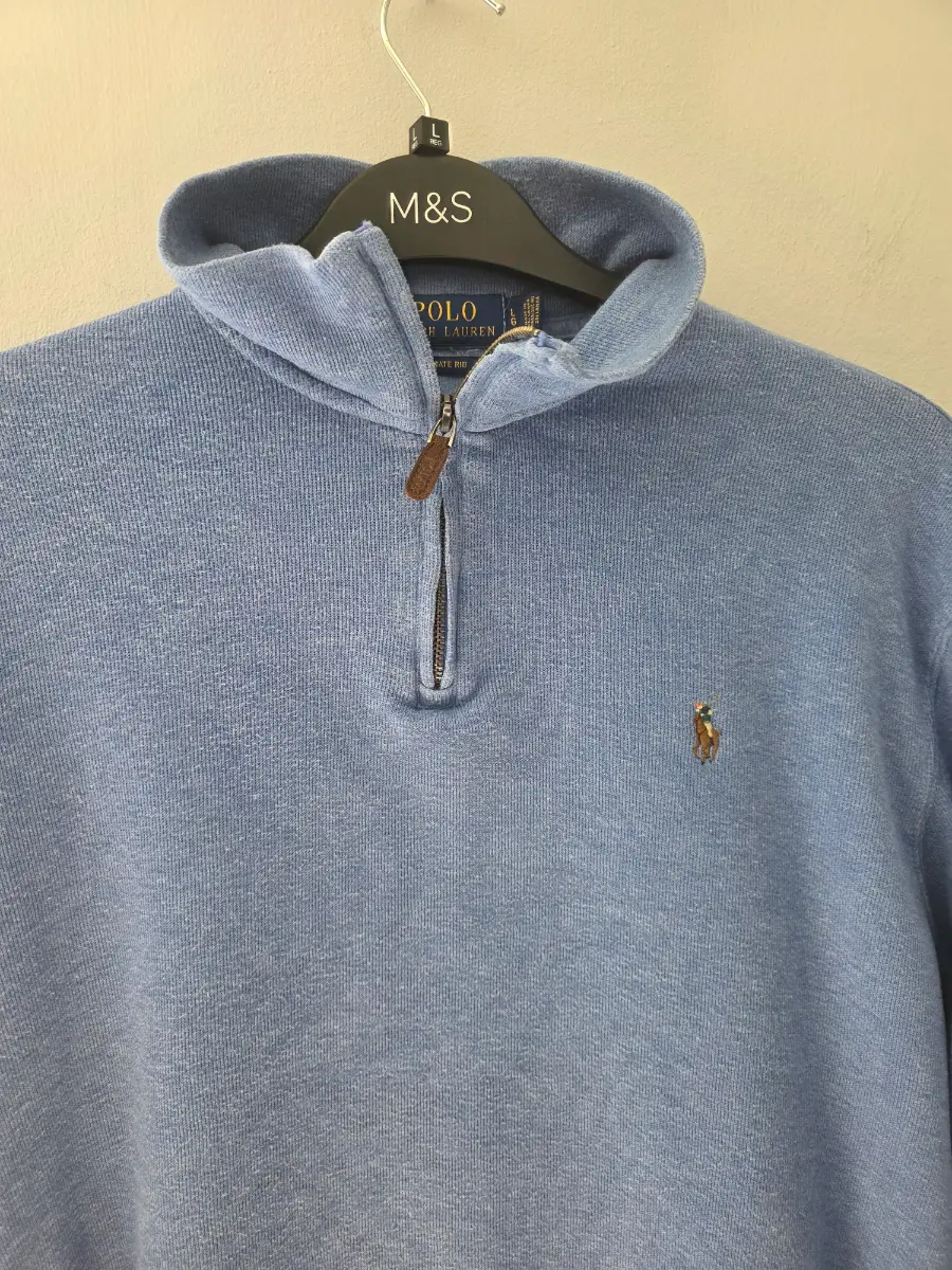 Polo Ralph Lauren Men's Light Blue Estate Rib QuaterZip Jumper. Size Large.