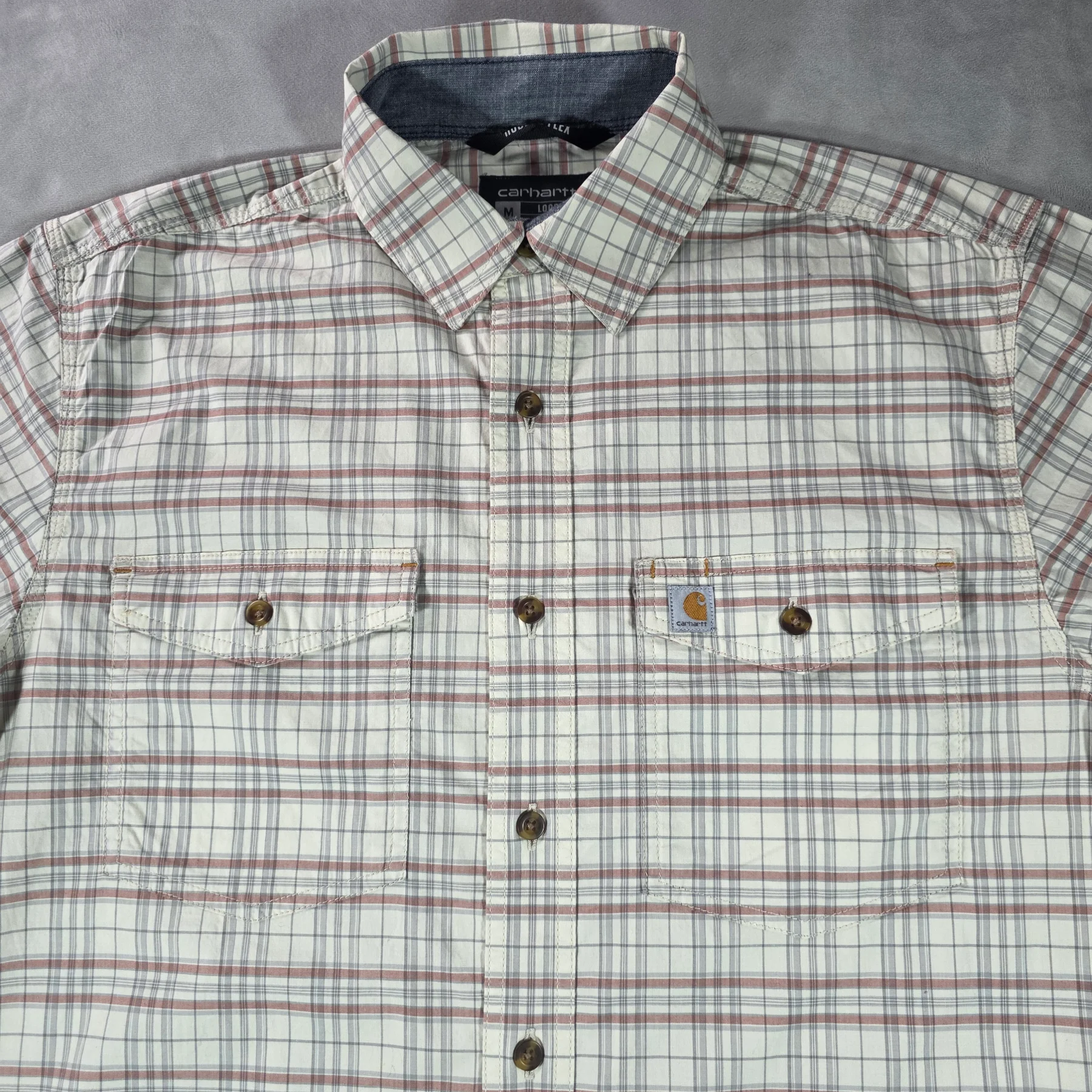 Carhartt DEADSTOCK Men's Size Medium Cream and Red Checked Short Sleeve Shirt
