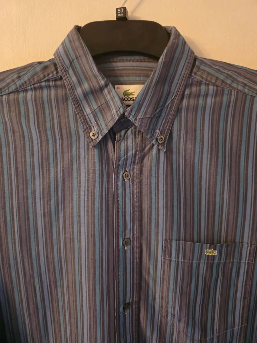 Lacoste Men's MEDIUM (40) Blue And Grey Striped Long Sleeved Shirt.