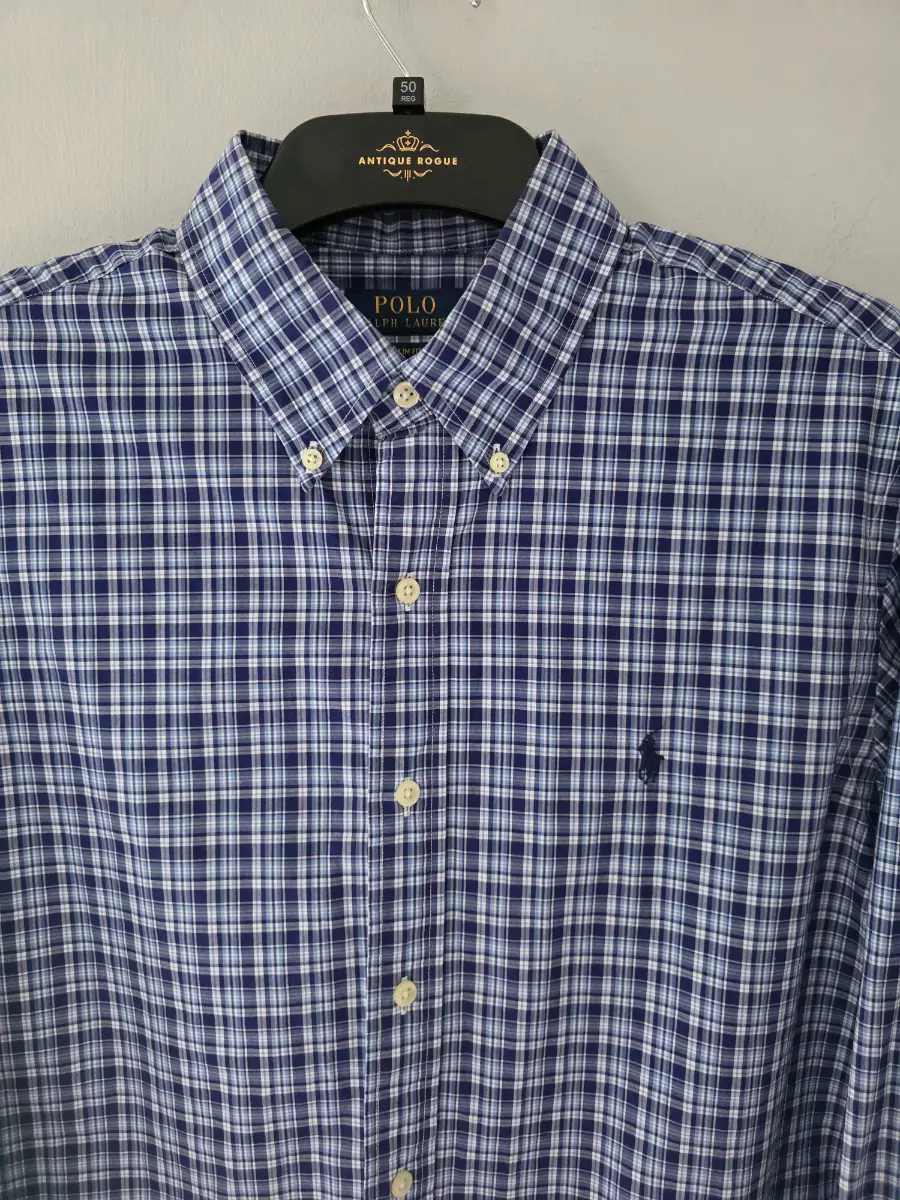Polo Ralph Lauren Men's Large Slim Fit Blue Plaid Long Sleeve Shirt. Excellent