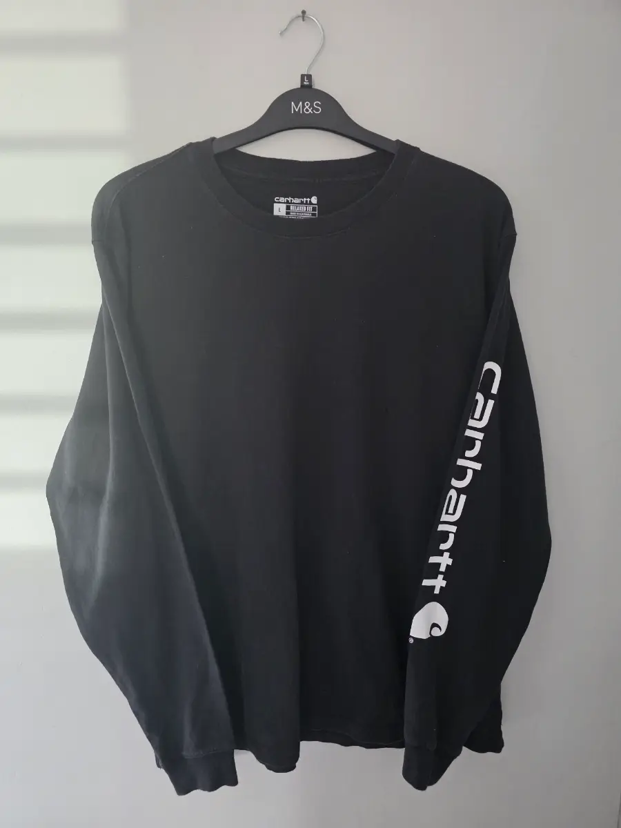 CARHARTT Large Relaxed Fit Long Sleeved SPELLOUT T-Shirt in BLACK. READ NOTES!