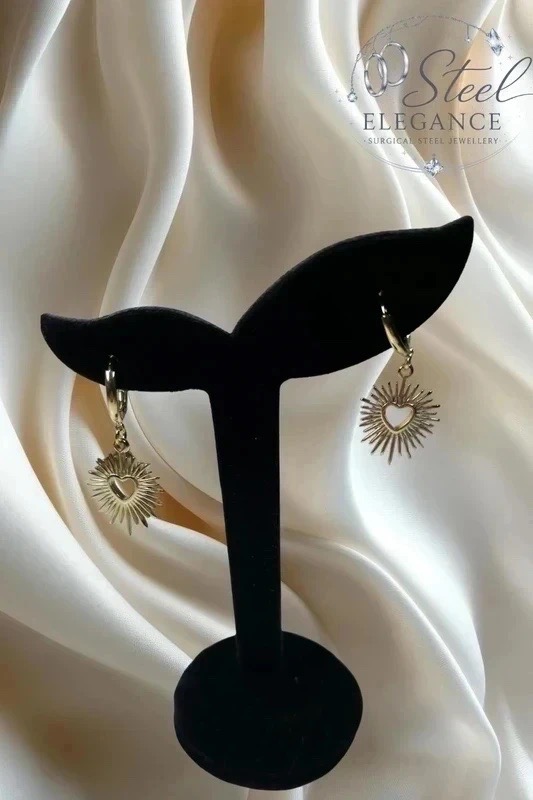 Gold-Tone Heart Sunburst Drop Earrings – Stainless Steel