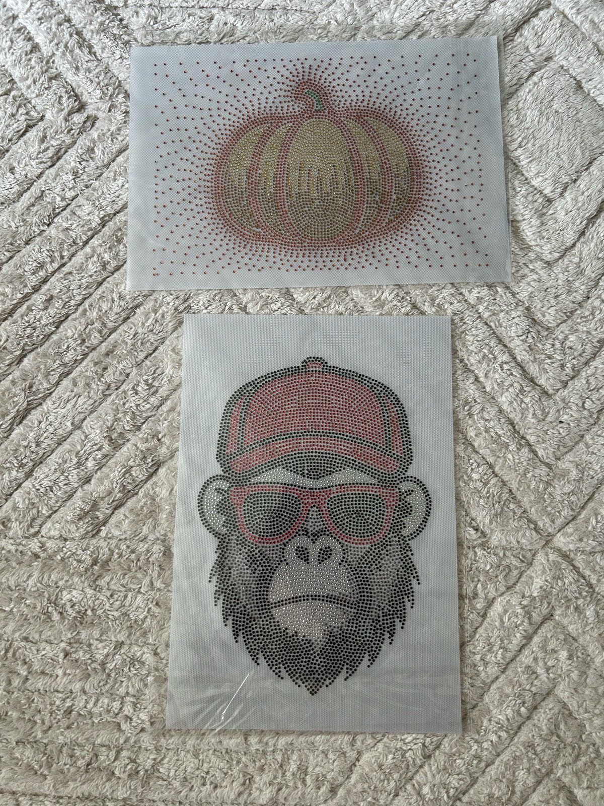 Set of 2 Iron On Rhinestone Hotfix Transfer Sheets Hip Hop Gorilla Pumpkin
