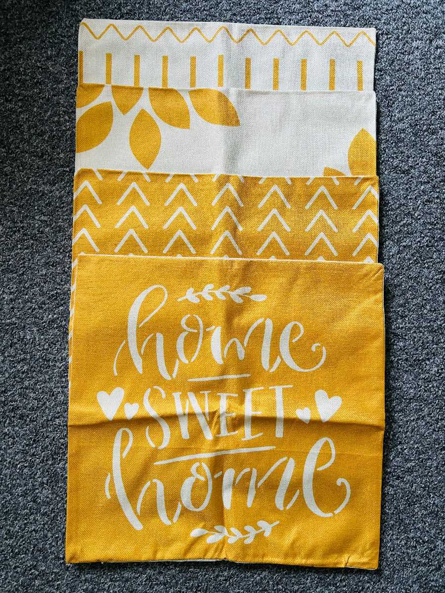 Set of 4 Cushion Covers 18”x18” Yellow Home Sweet Home Patterned Linen