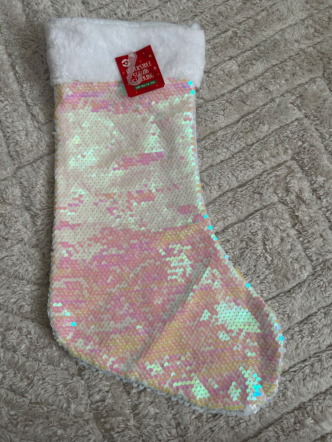 Sequin Christmas Stocking Reversible White and Pink