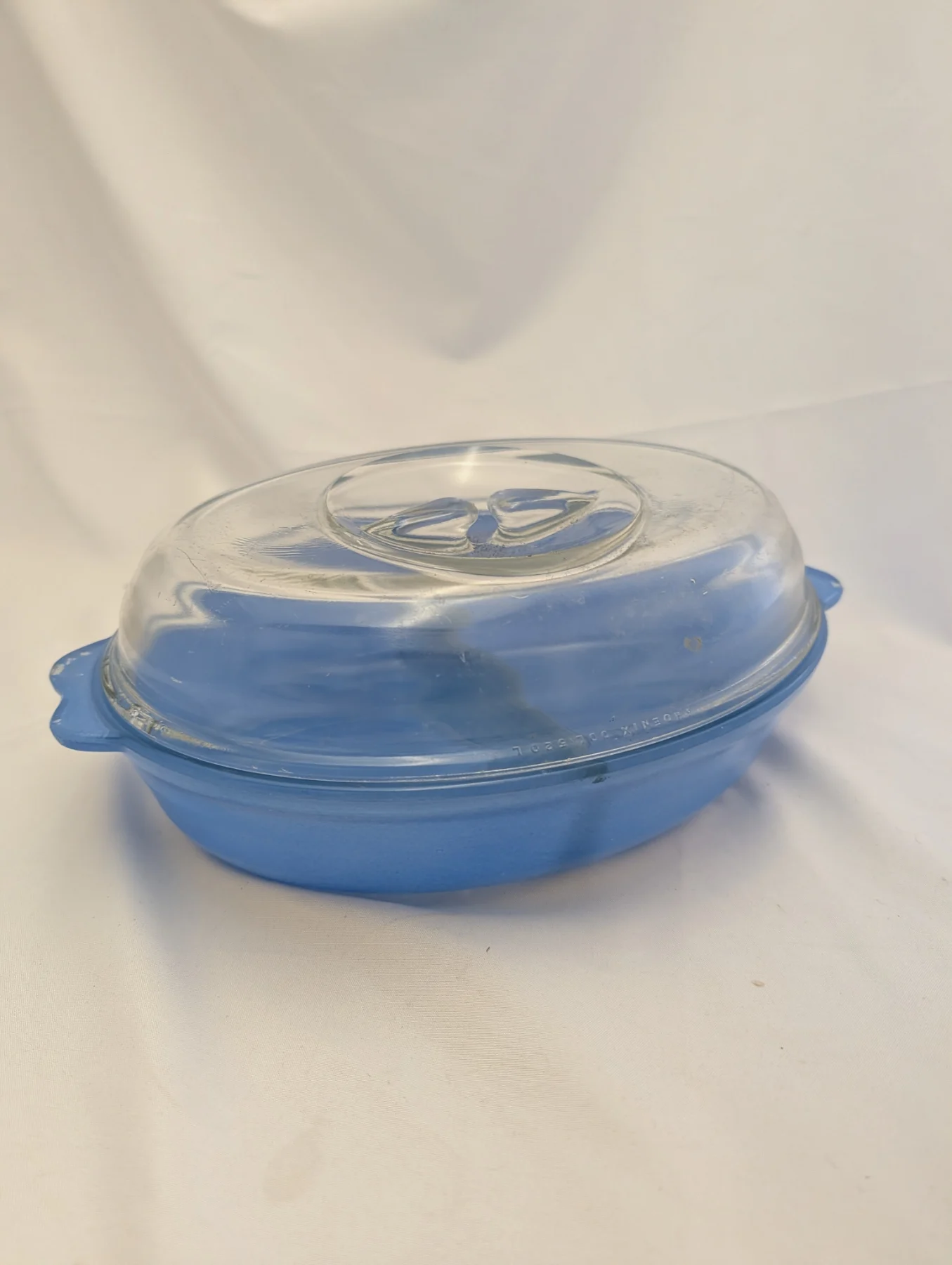 Vintage Phoenix Sprayware Glass Lidded Oval Casserole Dish blue Retro Kitsch