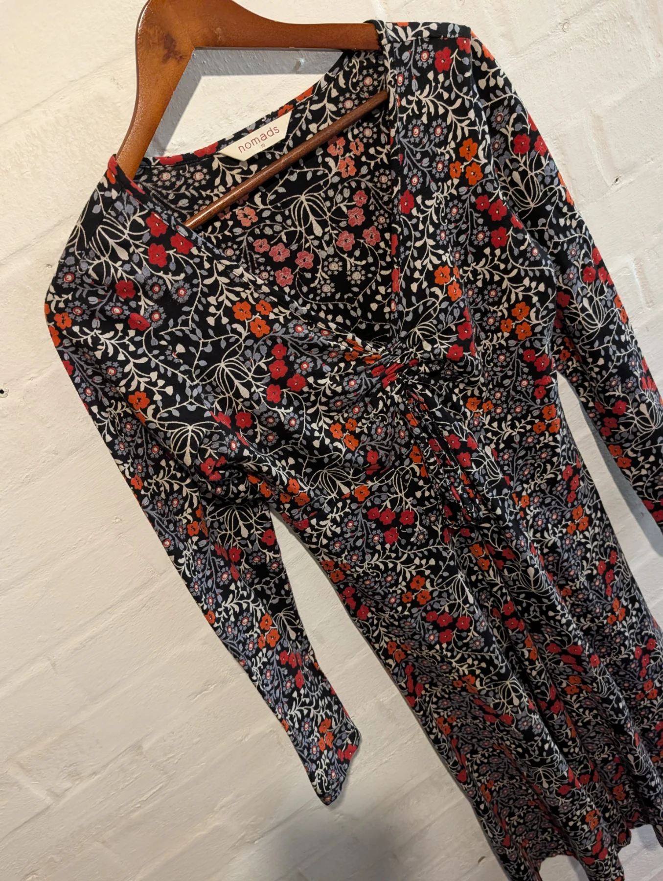 Nomad Dress sized 10 Organic Cotton Black Floral Poppy ruched frontage