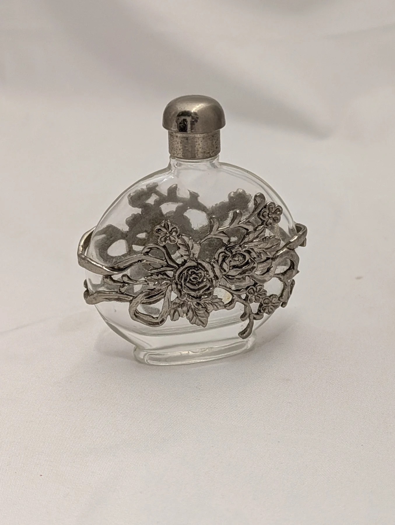 vtg French Rose Perfume Bottle Parfum Flacon w Pewter Stopper Screw On Lid Roses fairy elegant