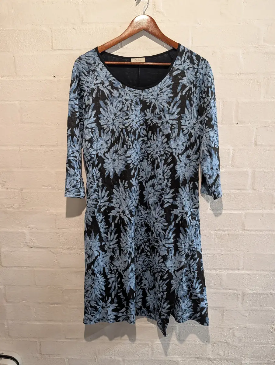 Wrap London Blue and black cotton linen summer dress UK 14 pullover