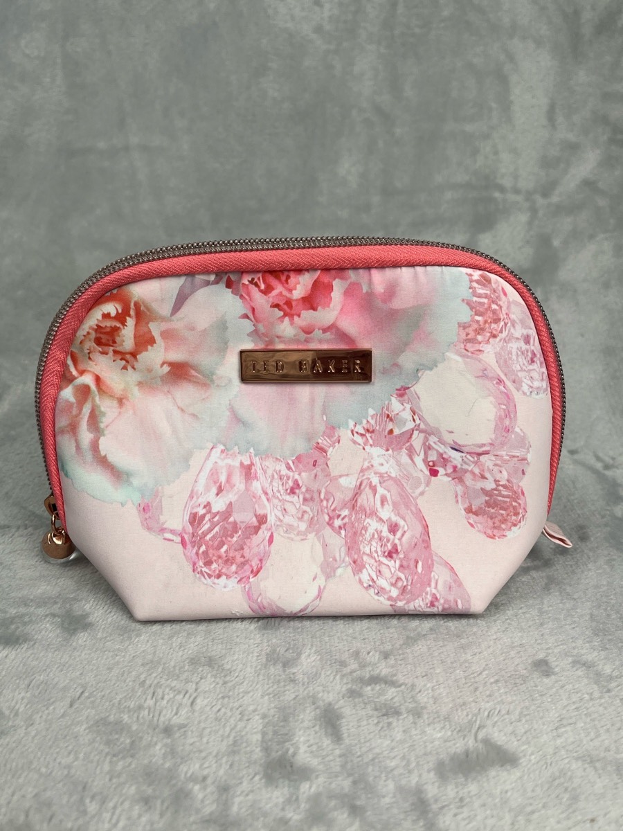 Ted Baker Pink Floral Print Makeup Bag Cosmetic Pouch Wash Bag Travel Toiletry Case Crystal Zip